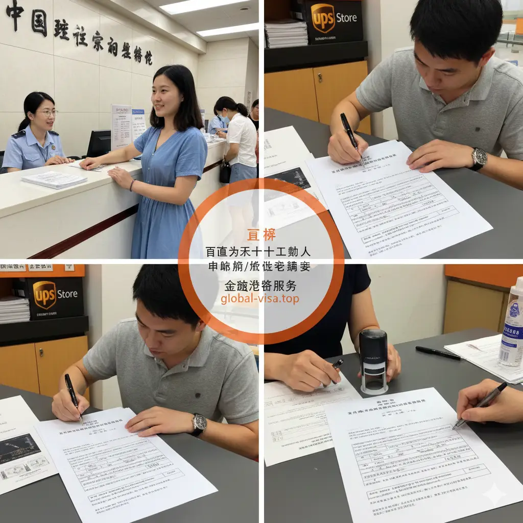 展示该声明书在不同功能场景下的应用。图片采用分屏构图：左侧展现一位母亲在旧金山总领馆柜台前咨询，右侧展现一位父亲在UPS Store进行公证的特写。中间通过半透明的橙色圆圈高亮显示声明书的关键区域。整体风格清新、明亮，色彩饱和度高，强调文件在远程办证和线下陪同中的核心连接作用，体现办证的便捷性。