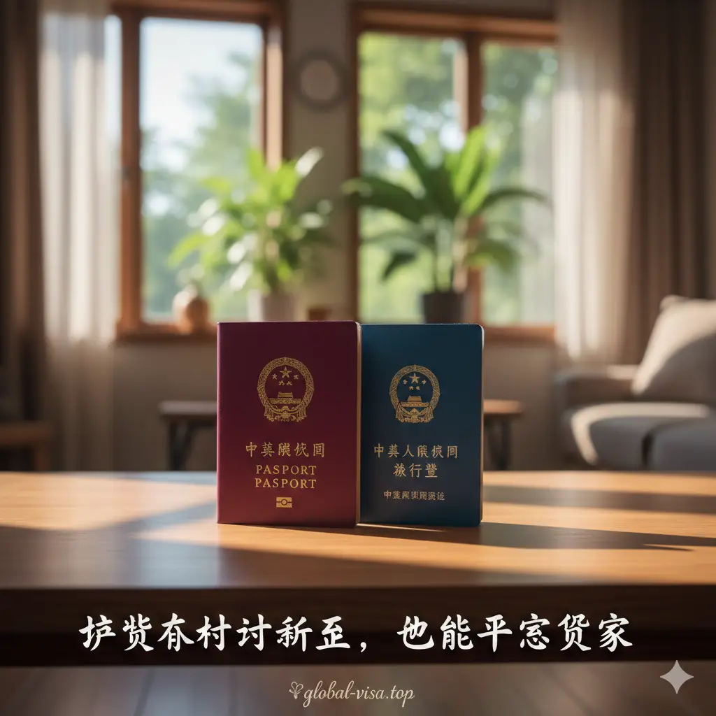 总结性图片。画面中同时出现中国护照和蓝色的中国旅行证,并排放置。背景是温暖的居家环境或阳光下的书桌,象征着安全回到家中。画面整体给人一种宁静、圆满的落幕感。色彩饱和度适中,构图稳定,传达出‘无论护照情况如何,总有合法方案助您平安回国’的核心思想。