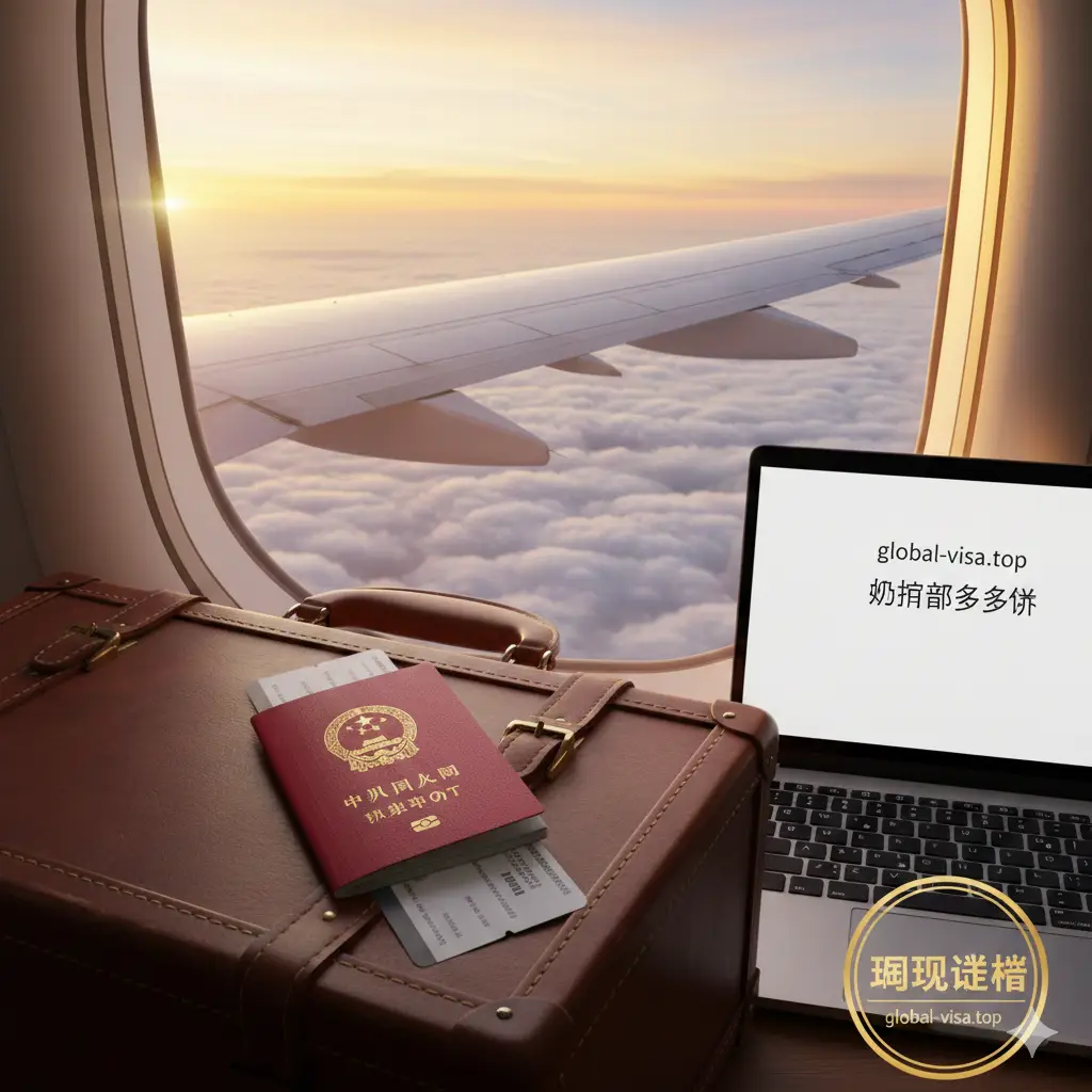 一张富有情感共鸣的总结性图片。画面展示一个行李箱已经收拾好,一本中国护照放在登机牌上,窗外是飞机的机翼与云海。色调采用温暖的夕阳金黄色,给人一种‘办好护照,开启旅程’的希望感。整体构图富有动感和空间感,右下角隐约露出Global-Visa.top的品牌元素,作为整篇成本分析文章的完美收尾。