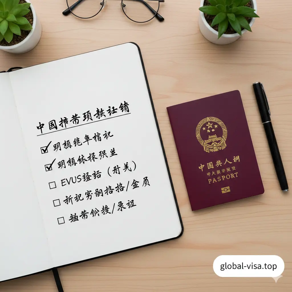 一张极具条理性的总结清单图片。画面主体是一个平铺的精美清单本，上面列有‘更新机票’、‘更新银行信息’、‘EVUS登记’等关键词。清单旁放着一把新护照。色调明亮、整洁，采用俯拍视角（Flat Lay）。背景采用浅木色纹理，给人以踏实、完结和井然有序的视觉感受。整体设计旨在引导用户完成护照更新后的最后步骤，作为文章完美的视觉收尾。