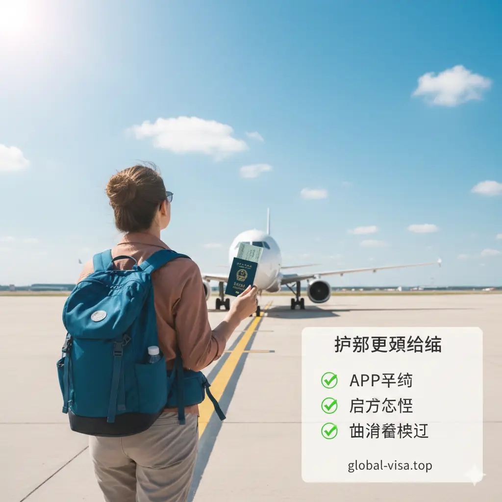 一张充满希望与出行期待的总结性图片。画面展示一位背着双肩包的旅行者手持新护照走向飞机的背影，天空辽阔。构图采用三分法，右下角展示一个简洁的Checklist清单（包含：APP申请、照片合格、旧签证核对）。色彩使用明亮的户外自然光，色调清新，寓意完成护照更新后即可开启无忧的全球行程，为整篇文章画下完美的句点。