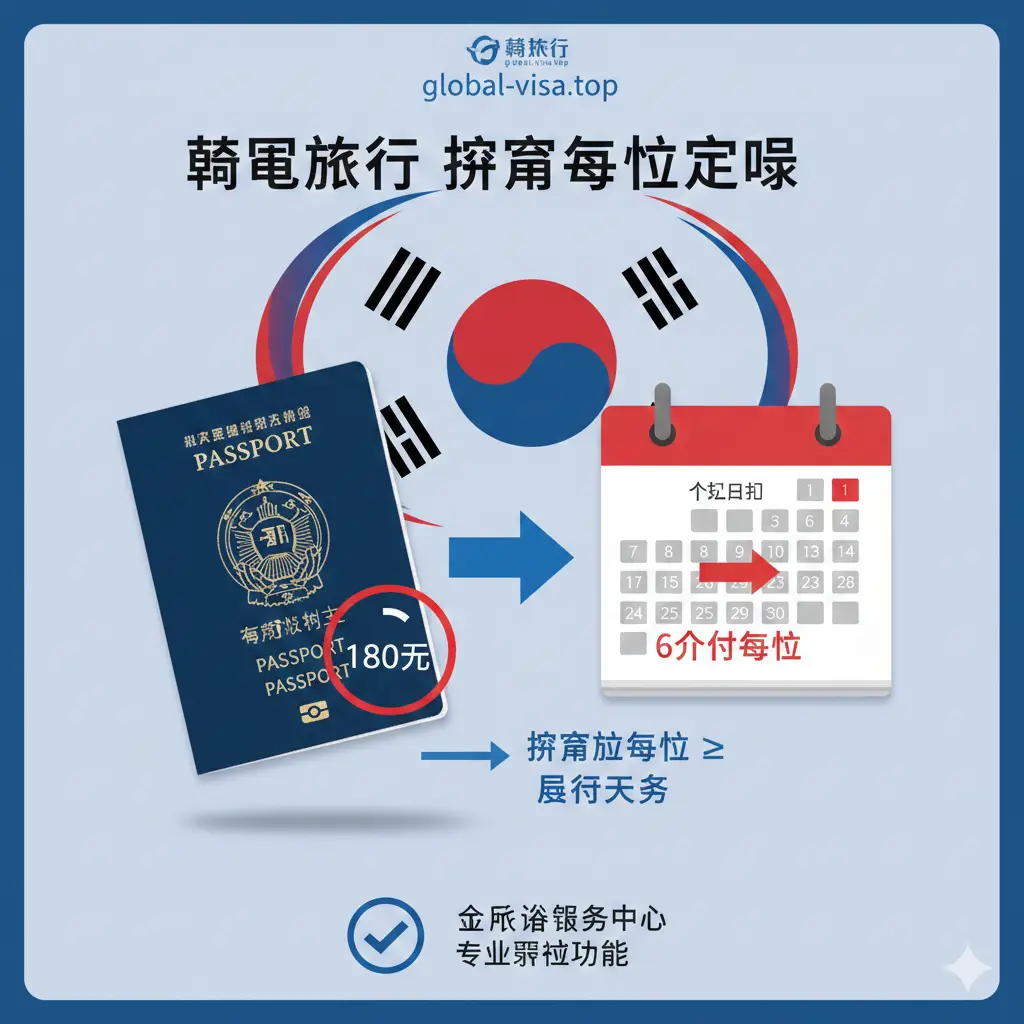 一张强调‘6个月有效期’功能要求的概念图。画面中心是一个清晰的日历和护照，护照翻开在个人信息页，旁边有一个明显的红圈标出‘Expiry Date’，并带有一个倒计时的视觉时钟元素。背景采用极简的办公蓝色调，点缀着韩国国旗的红蓝元素。构图严谨，利用图标和箭头清晰地展示从入境日期向后推算180天的逻辑，体现全球签证服务中心的专业预检功能。