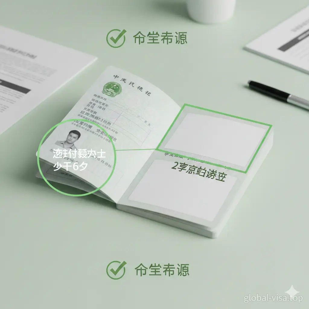 展示护照核心规格要求的功能性示意图。画面中心是一本翻开的护照,重点标注出‘有效期需大于6个月’的截止日期区域,以及清晰的‘2页空白签证页’。背景使用极简的办公桌面风格,配合淡绿色的勾选图标表示‘合格标准’。采用微距摄影风格,文字清晰可见,色彩明亮,突出‘专业核验’的视觉感受。