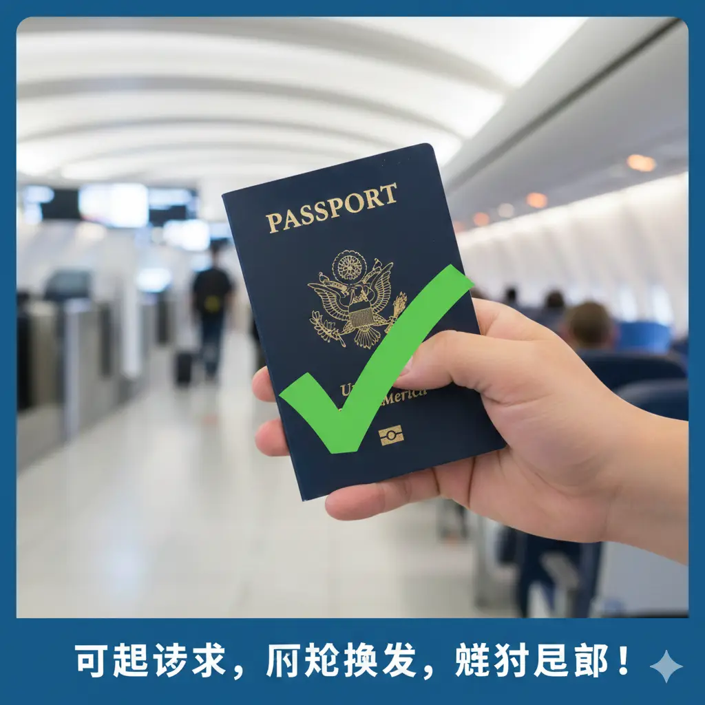 总结性图片。画面展示一个手持更新好的、深蓝色封皮的美国护照的近景，背景是虚化的海关通道或飞机客舱内部。画面正中出现一个醒目的绿色勾选标志，象征问题得到解决。风格轻松愉快，色彩鲜艳明快，传达出‘提前检查、按规换发、顺利回国’的核心思想，为整篇文章做总结性视觉输出。