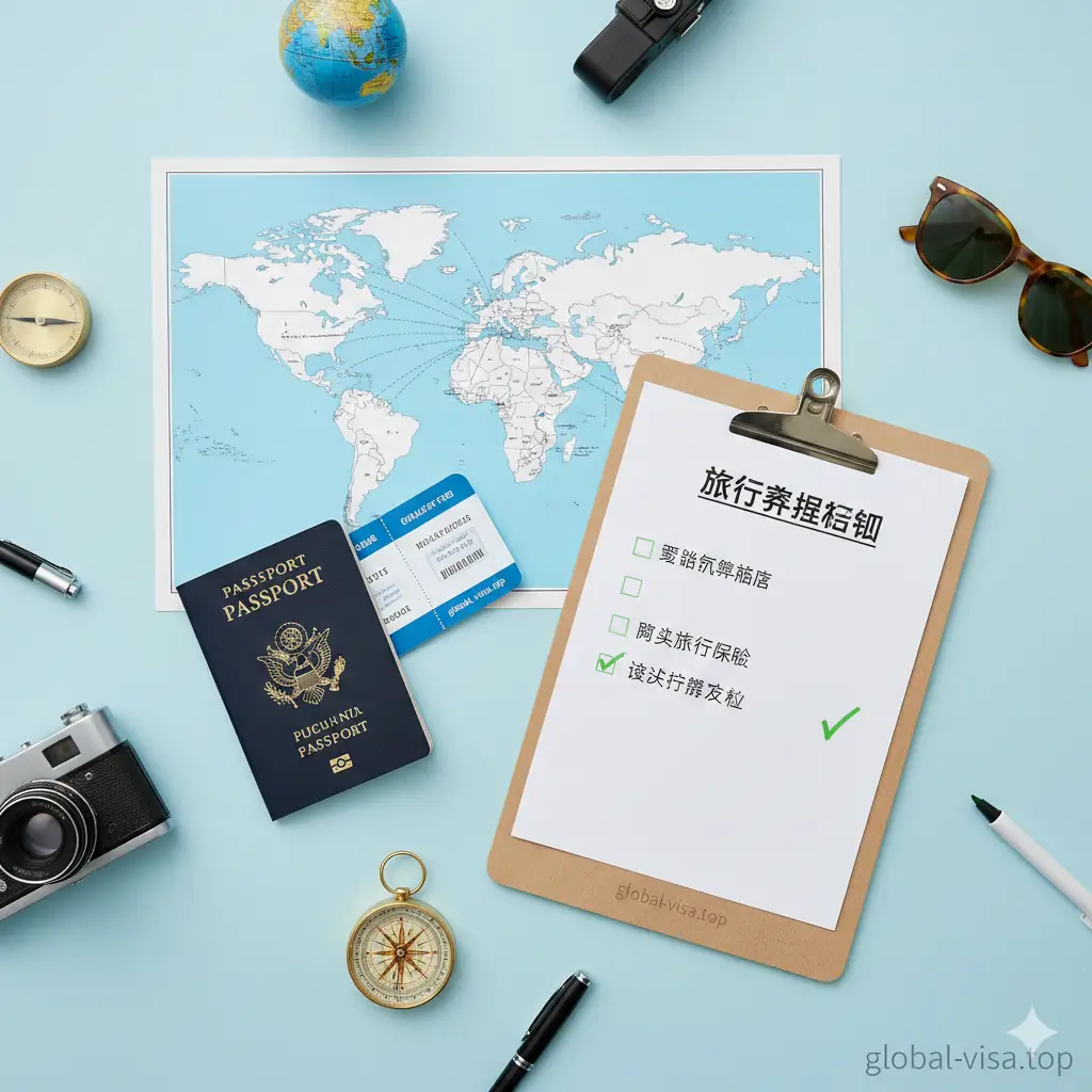 一张总结性的俯拍平铺图(Flat Lay)。在淡蓝色的背景上,摆放着世界地图、护照、登机牌以及一个写字板。写字板上夹着一张'旅行准备清单',其中'检查护照有效期'这一项被打上了绿色的对勾。周围散落着指南针、相机等旅行小物。整张图片构图平衡,色彩清新,寓意做好充分准备后的无忧出行,呼应文章结尾的温馨提示和行动号召。