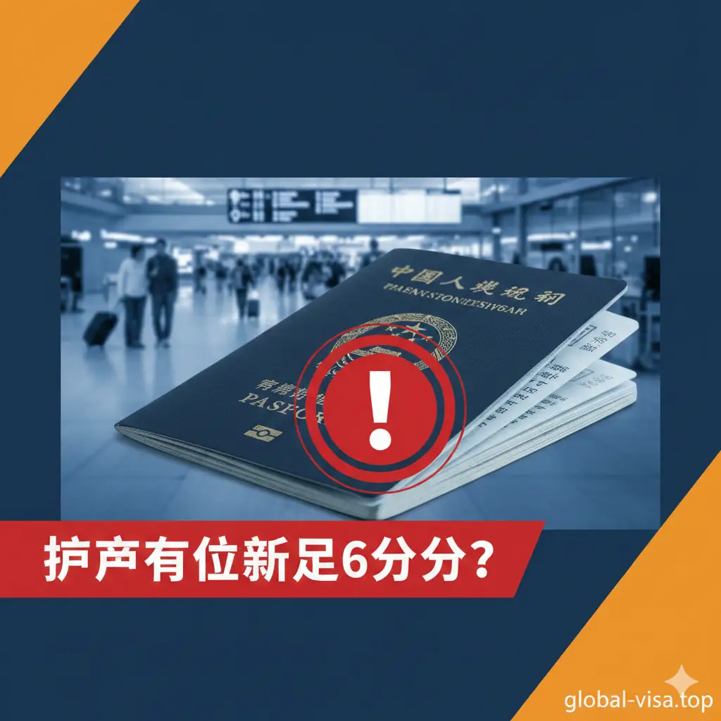 一张极具视觉冲击力的封面图。画面中心是一本翻开的中国护照，特写镜头聚焦在有效期页面，背景是虚化的机场航站楼离境大厅。画面左侧或上方带有一个醒目的红色警告图标。色调采用专业且沉稳的深蓝色与明亮的橙色对比，构图采用对角线构图，展现出一种旅行的紧迫感和权威的提醒感，体现护照有效期少于6个月能否预订机票的核心主题。