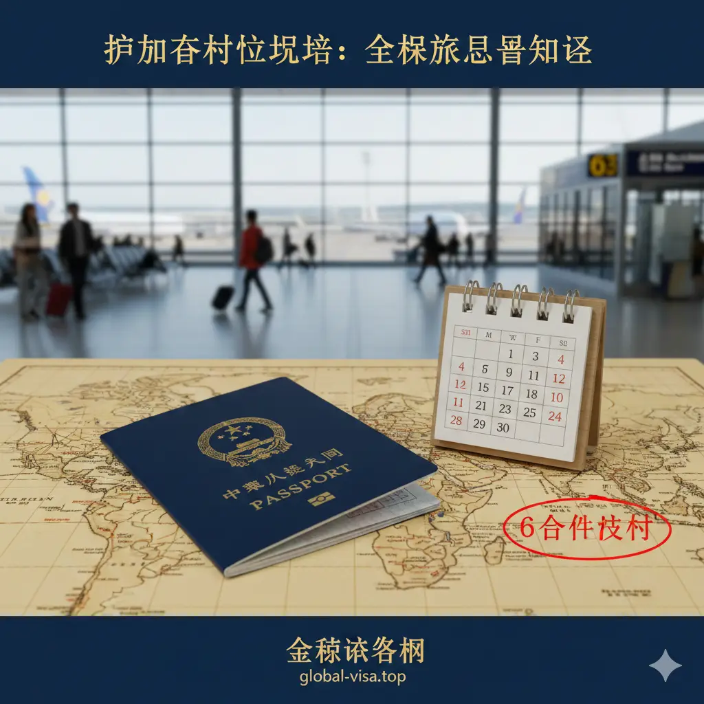 一张极具质感的全球旅行主题封面图。画面中心是一本打开的通用护照,放置在一张复古风格的世界地图上。护照旁放置着一个台历,日历页面上用醒目的红色圆圈圈出了'6个月'的时间跨度,象征护照有效期规则。背景虚化处理,隐约可见繁忙的国际机场候机大厅,营造出即将出发的紧迫感和期待感。色调采用专业且值得信赖的深蓝色与金色搭配,光线明亮柔和,突出'全球通行'与'合规出行'的主题。