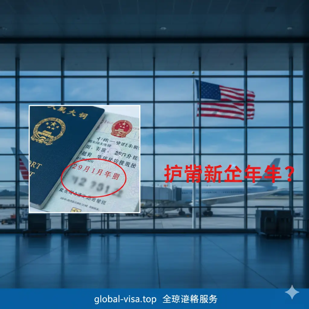 一张富有视觉冲击力的封面图。画面中心是一个放大的中国护照局部，焦点落在即将到期的日期标识上，背景是模糊的美国国际机场航站楼和醒目的美国国旗元素。左侧或右侧留白处有醒目的文字提示‘护照不足半年？’。整体采用明亮的科技感蓝色调，点缀警告红，构图大气，呈现出全球化签证服务的专业感。