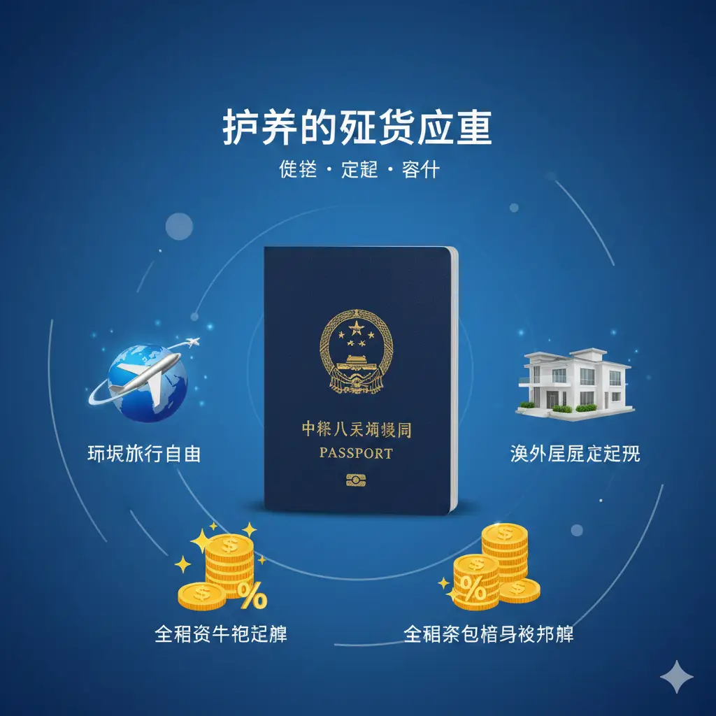 一张现代风格的概念图，用于解释‘护照含金量’的多元定义。画面中央是一本通用的深色护照，周围环绕着三个发光的3D全息图标：一架环绕地球的飞机（代表免签旅行自由）、一栋精致的别墅（代表定居权）和一堆金币或百分号符号（代表税务与资产规划）。背景是干净的科技感渐变蓝，线条简洁流畅，通过视觉化的方式直观传达护照不仅仅是旅行证件，更是资产配置工具的核心概念。