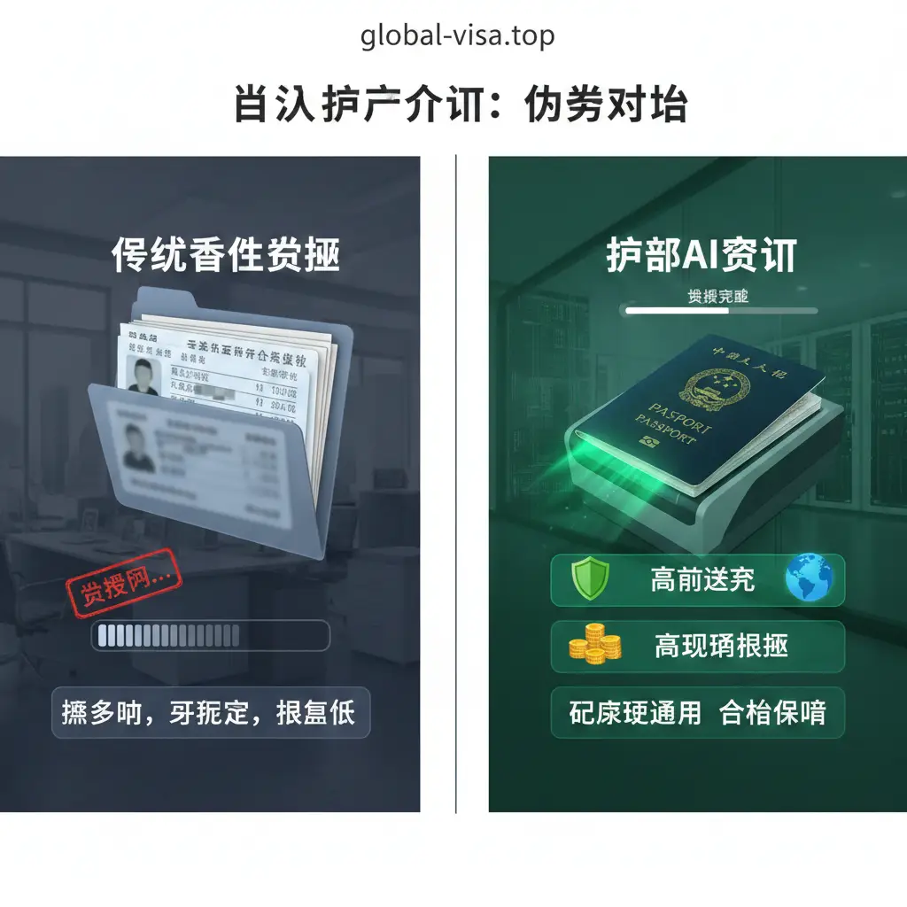 展示使用护照认证对比优势的信息图。左侧是传统的证件，右侧是一本护照配合快速审核的进度条。背景是现代化的办公空间或云端机房，体现出Jumio/Onfido等AI自动审核系统的极速感。画面色调明快，使用对比强烈的视觉元素表现出护照认证的高通过率、高限额以及全球合规性优势。
