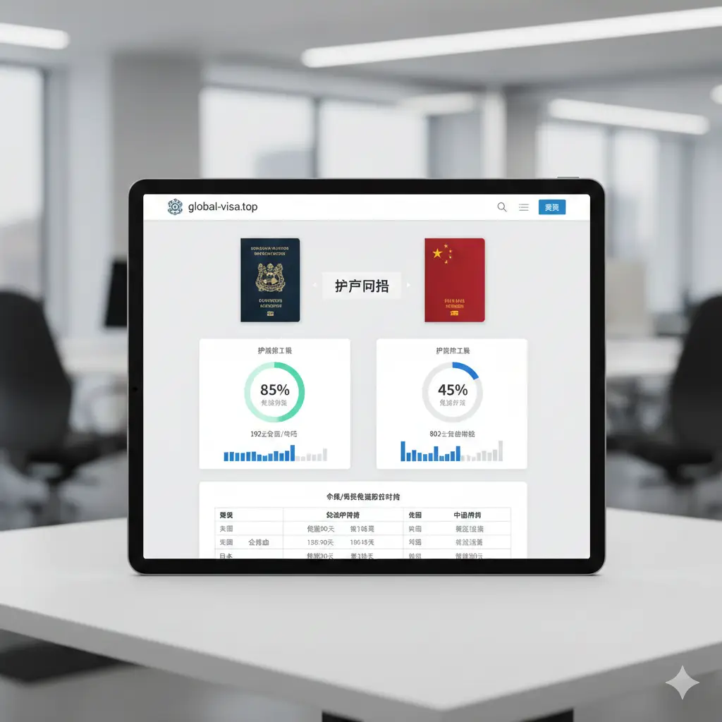展示global-visa.top站内核心功能‘护照对比工具’的视觉图。画面呈现一个现代化的平板电脑屏幕，显示两本护照（如新加坡与中国护照）正在进行并排对比，屏幕上充满了动态的数据条、百分比圆环和免签国家数量统计表。色彩清新，以科技白、商务蓝为主，构图简洁明了。