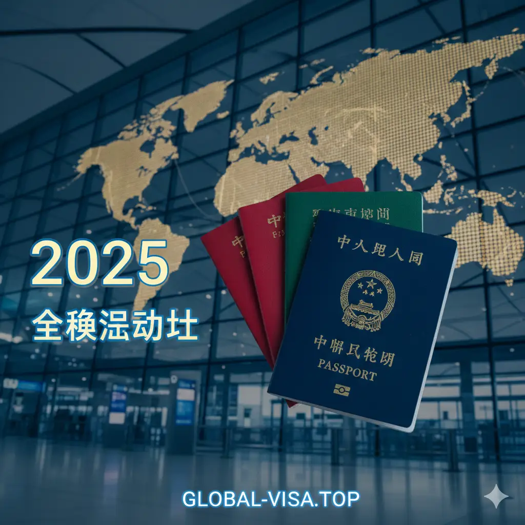 一张极具冲击力的2025全球护照免签国家排名封面图。画面中心是一本深蓝色的中国护照和几本红色、绿色的国际护照错落重叠，背景是模糊的现代化国际机场航站楼和巨大的世界地图发光线条。构图采用低角度仰拍，光影呈现出黎明时的金蓝色调，象征着全球旅行的自由与希望。文字元素点缀其中，展示出‘2025’和‘Global Mobility’的科技感符号，整体风格专业、权威且充满国际化视野。