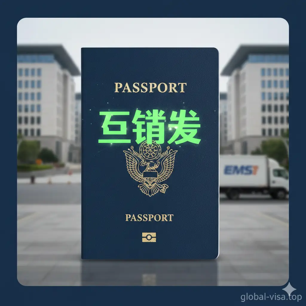 一张高质量且充满希望的封面图。画面中心是一本深蓝色的护照，护照上方悬浮着亮绿色的‘已签发’（Issued）字样，并带有发光效果。背景是模糊的现代化使馆大楼和一辆正在行驶的EMS物流货车，象征着护照从领事馆收回并进入运送环节。整体色调明亮、专业，构图采用中心对焦，给人以安心和成功的视觉暗示，右下角带有淡淡的global-visa.top品牌水印感。
