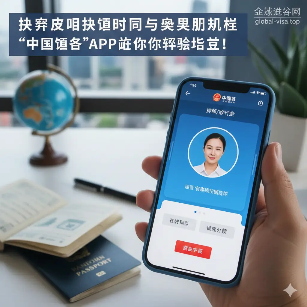 重点描绘海外办理流程，展示通过“中国领事”APP进行申请的画面。图片主体是一个手持智能手机的特写，屏幕上清晰显示“中国领事”APP的界面（如人脸识别、在线填表或状态查询页面）。背景可以是一个模糊的、具有异国情调的城市景观或一个整洁的办公桌面，代表在海外处理事务。色彩偏向科技蓝和官方红，强调数字化、远程办理的便捷性与步骤细节。