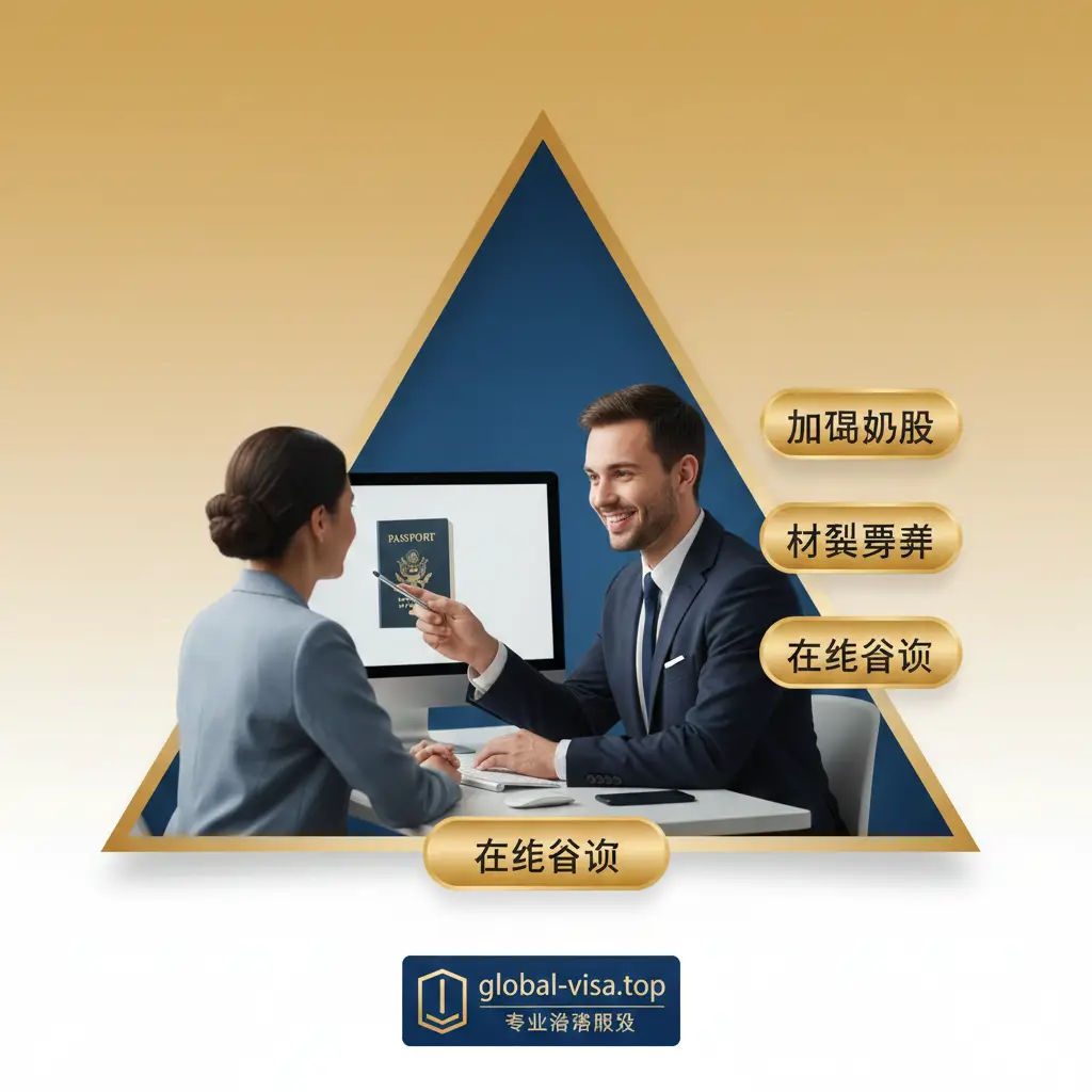 图片作为文章的总结和导流部分，应强调“专业服务”和“解决痛点”。画面可以是一个商务人士或专业顾问（面带微笑）在电脑前指导客户，旁边悬浮着新版美国护照的图标和关键服务词汇（如：加急办理、材料预审、在线咨询）。色彩使用温暖、信任的色调，如深蓝、金色或亮黄色，构图应引导用户的视线至底部的“在线咨询”按钮或Logo，突出专业代办服务的便捷性和可靠性。