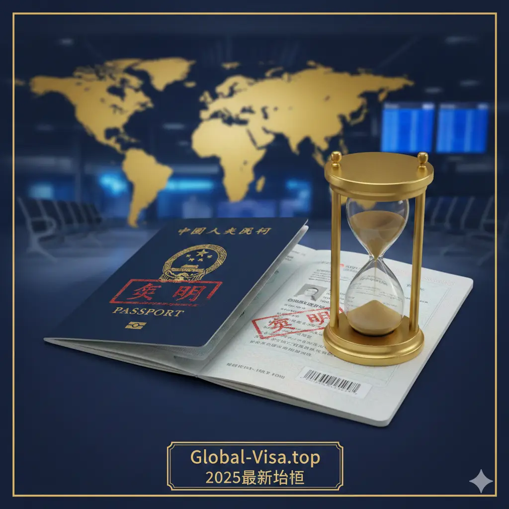 以蓝色和金色为主色调，营造官方、专业且紧急的氛围。图片中央特写一个打开的中国护照，其中一页用红色印章印着“过期”或一个问号，护照旁边放置一个倒计时沙漏，沙子快要漏完。背景是一个模糊的世界地图或机场出发大厅的元素。构图应突出“时间”的紧迫性与“护照”的关键性。下方应有一个小而清晰的logo区域或文本框，用于放置“Global-Visa.top 2025最新指南”的字样，提升权威感。