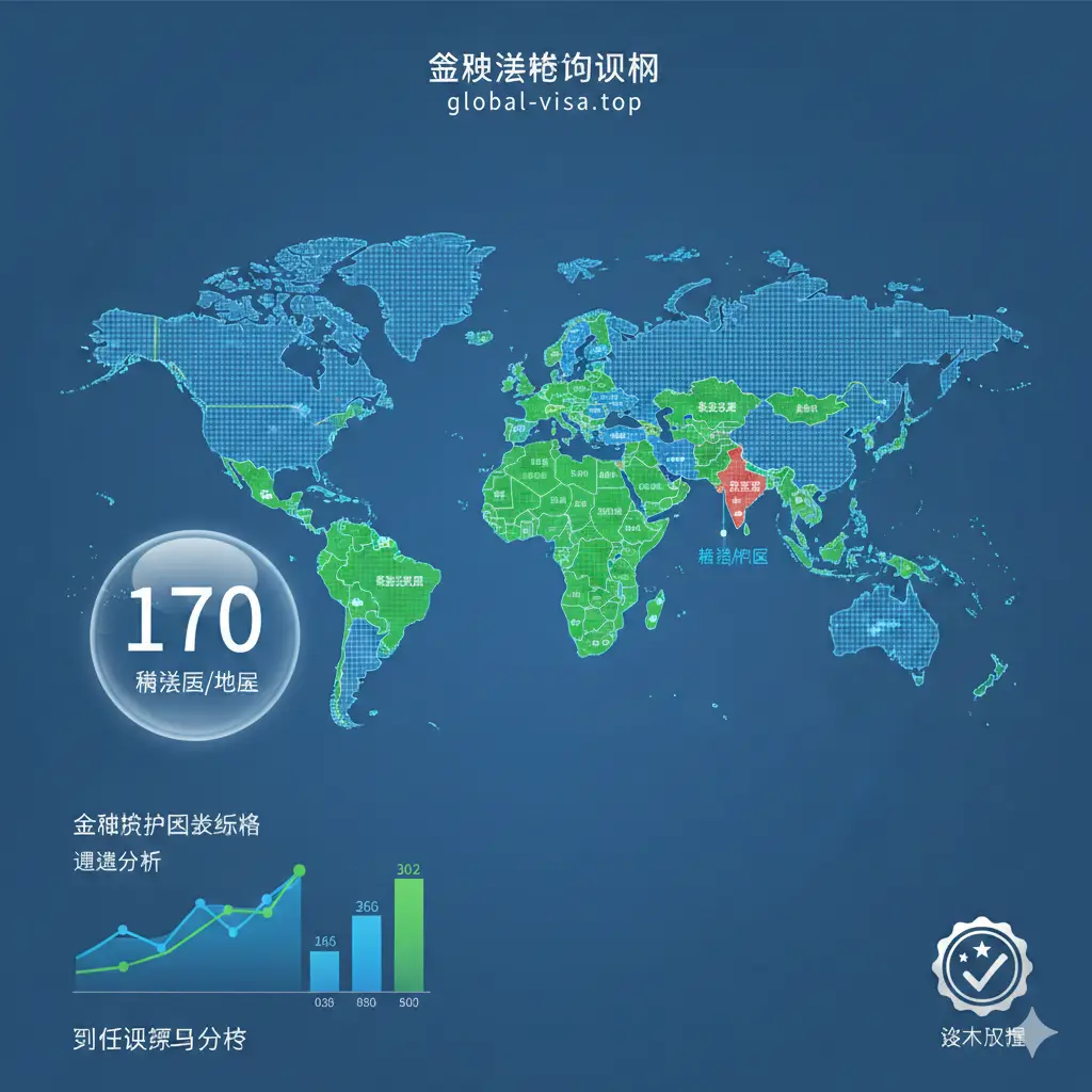 功能特性图，对应“免签国家数量”和“全球护照指数”的概念。画面主体是一个数字化的世界地图，地图上用不同颜色标记出免签（绿色）、落地签（黄色）、需签证（红色）的国家/地区，强调“免签国家数量”。前景有放大镜和数据图表元素，代表精确查询和分析。风格简洁、信息可视化强，突出数据的权威性和实时性。