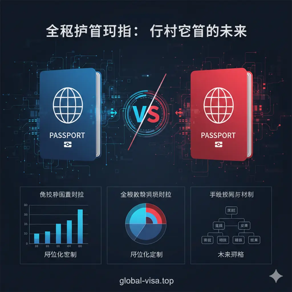 总结图，对应“护照 vs 护照对比工具”和“身份配置的未来”。画面应是一个抽象的对比界面，用两个不同颜色（如蓝色和红色）的护照图标并排，中间是一个“VS”符号，下方是数据对比的图形元素（如条形图、雷达图），突出免签国、税务和申请条件等关键信息。风格未来感、数据驱动，强调个性化定制和规划的重要性。