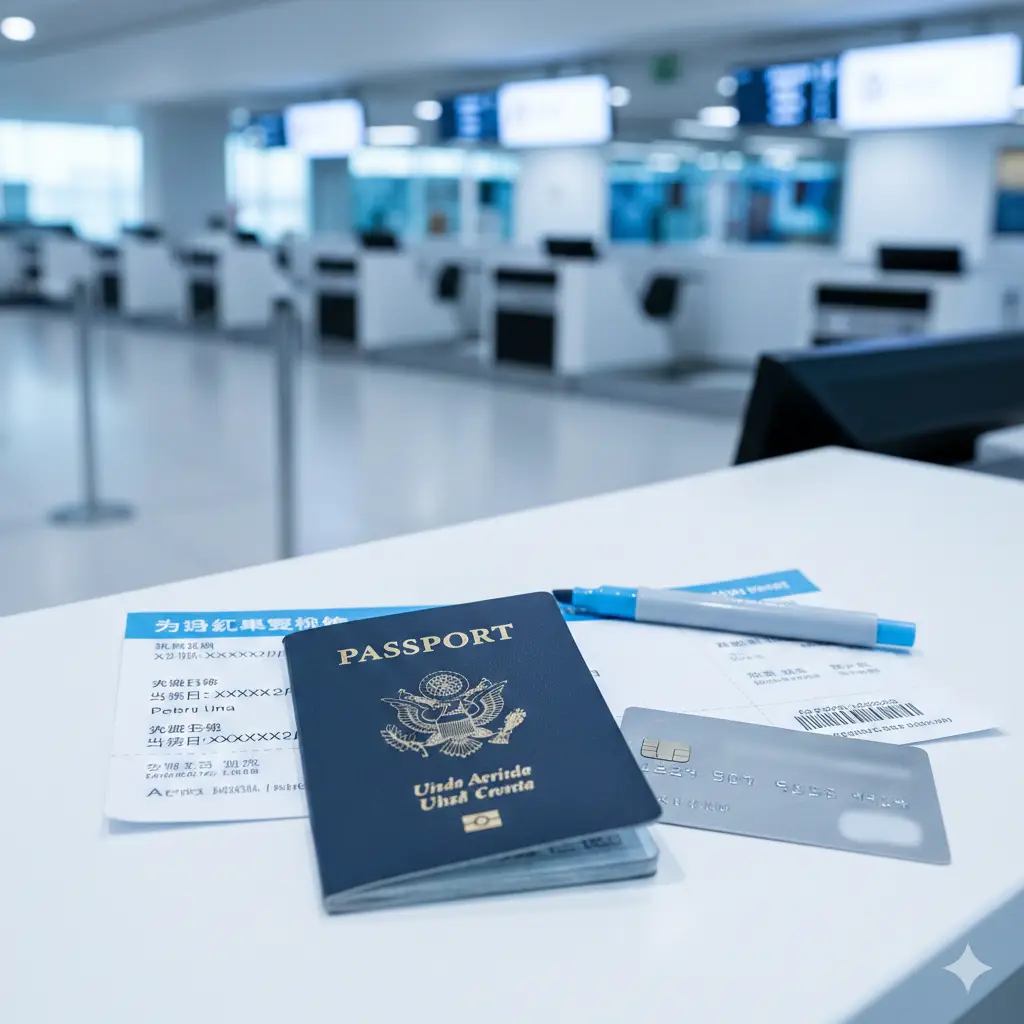 一张展示入境核心功能与要求的视觉化图片。背景是一个干净的现代化机场服务台,桌面上整齐摆放着一本美国护照、一张往返机票确认单和一张信用卡,象征着文中提到的免签入境必备文件。风格采用明亮的高调摄影,以淡蓝色和白色为主基调,体现出专业性和权威性。画面聚焦于护照的有效期和机票信息,视觉中心突出,引导读者关注入境细节。