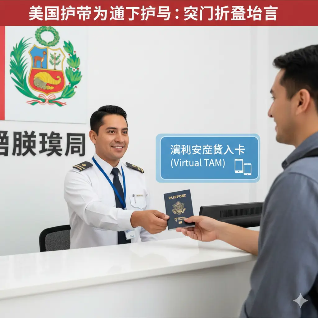 一张模拟入境流程的教程示意图。画面展示了一位微笑的秘鲁移民局官员在整洁的柜台后接待旅客的场景,背景带有秘鲁国徽和‘Migraciones’字样。画面中重点展示了旅客递交护照的特写动作,并以半透明叠加层的方式暗示‘虚拟安第斯入境卡(Virtual TAM)’的数字化概念。色彩明快,构图平实,旨在通过写实的职场场景消除旅客对入境流程的担忧。