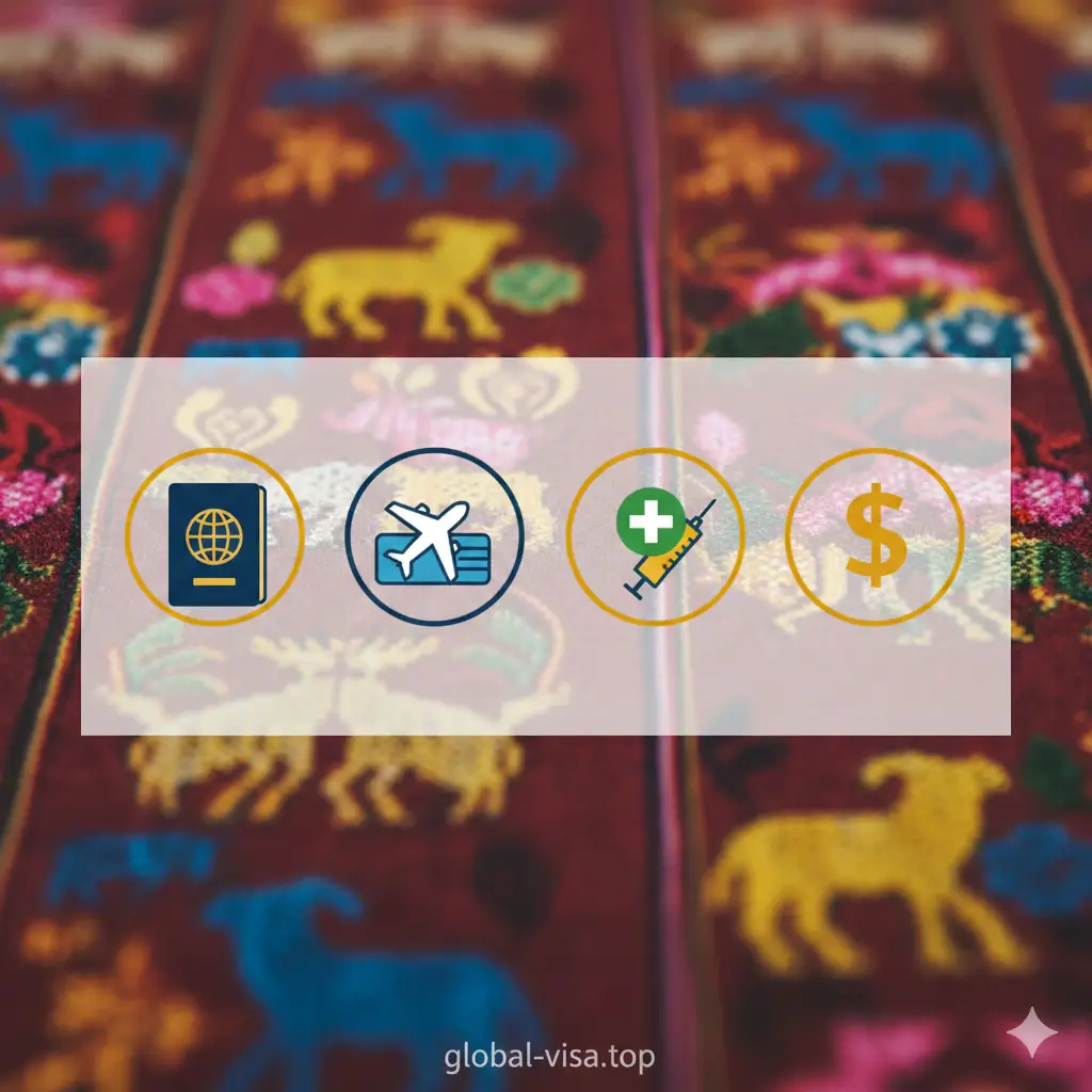 一张极简主义风格的总结图。背景是模糊的秘鲁彩色纺织品图案,带有浓郁的南美风情。画面中央是一个半透明的白框,里面用精致的图标概括了全文重点:护照、机票、黄热病疫苗和美金符号。构图平衡,色彩丰富但不过于杂乱。这种总结式的视觉排版能帮助读者在离开页面前快速回顾‘美国护照去秘鲁’的核心注意事项,提升global-visa.top的专业品牌形象。
