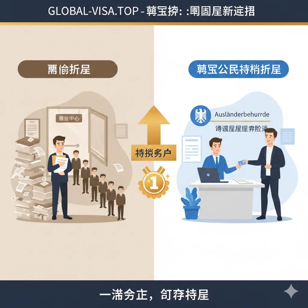 展示韩国作为‘特权国家’优势对比的创意图片。画面采用左右对比构图,左侧代表普通流程,色调偏灰、充满繁琐文件;右侧代表韩国公民的特权流程,色彩鲜亮,展示在德国当地外管局(Ausländerbehörde)标志下轻松办理手续的场景。画面中心放置一个向上增长的箭头和奖牌图标,强调持韩国护照在德国境内直接转换居留身份的独特政策优势。