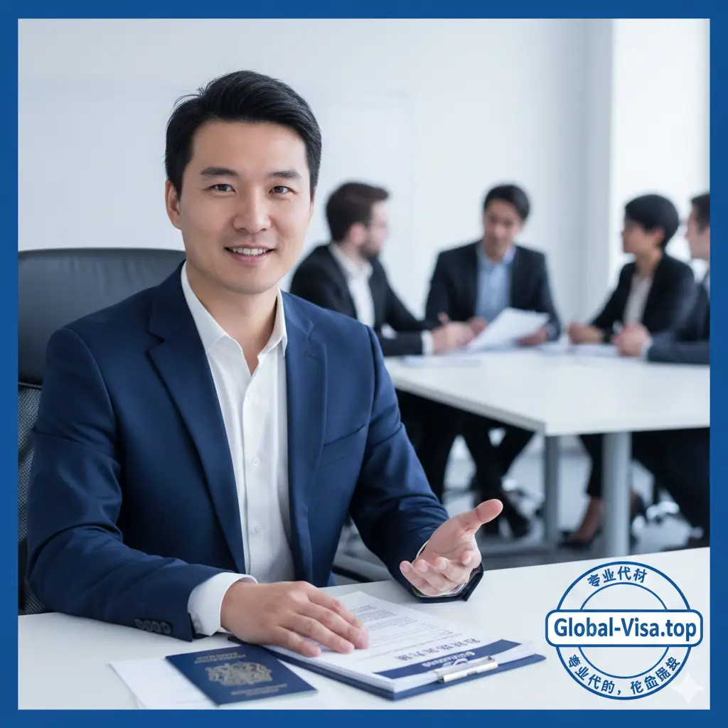 总结图，聚焦于Global-Visa.top的专业服务。画面中应有一位穿着商务装的华人顾问（或一位面带微笑的专业人士背影），坐在明亮的现代办公室里，面前的桌上放着一份文件（象征申请材料）。背景可以模糊处理的团队合作元素。主色调采用信任感强的蓝色和白色，右上角或左下角突出显示 Global-Visa.top 的Logo，强调“专业代办，消除障碍”的总结性服务承诺。