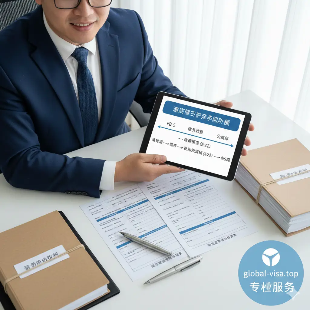 展示波多黎各护照申请流程的示意图。画面包含一位专业的顾问正在通过平板电脑展示EB-5投资与绿卡转换公民的时间轴。桌面上有精美的申请表格模版、法律卷宗以及一支高端钢笔。构图采用俯视视角，色调明亮清晰，强调流程的透明度与 global-visa.top 服务的专业严谨性。