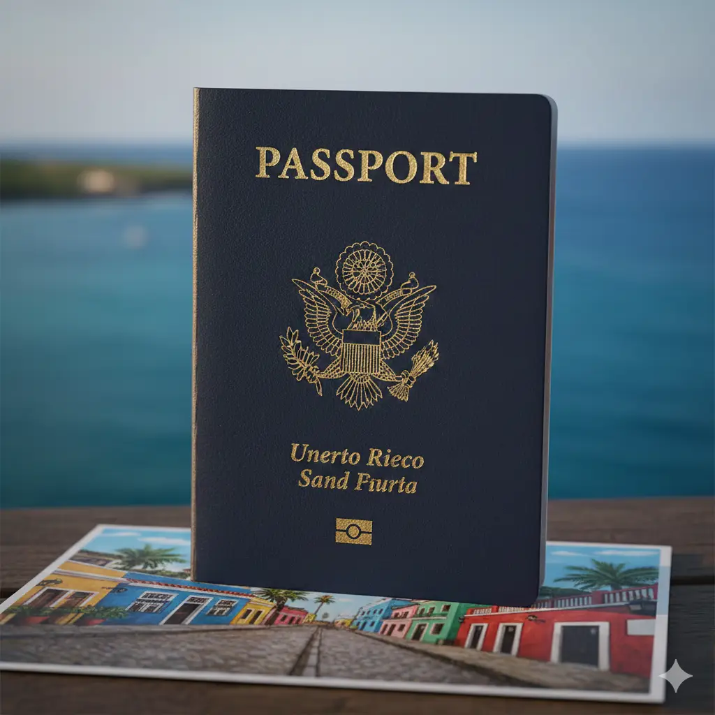 一张极具质感的深蓝色美国护照封面近景特写，护照上清晰印有美国国徽金标。护照斜放在一张波多黎各旧圣胡安彩色街道的明信片上，背景是模糊的加勒比海蓝色海景。光线温暖且高级，采用侧光摄影风格，体现身份的权威感与跨国旅行的奢华感，构图中心突出。