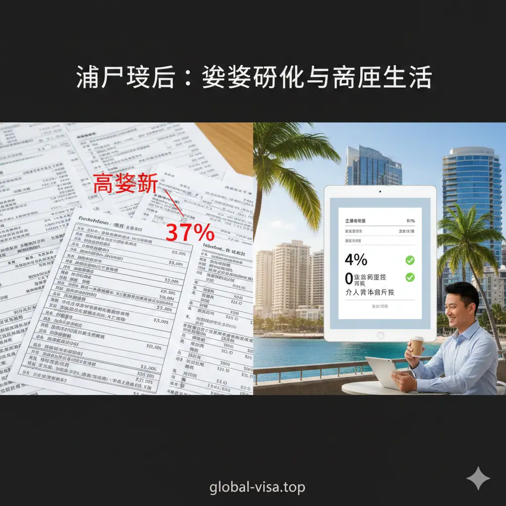 对比视觉图，左侧代表美国本土的繁杂税务账单，右侧代表波多黎各圣胡安海滨办公区下极简的税务申报单，显著位置标注出4%和0%的数字。背景是现代化的波多黎各金融中心建筑，结合棕榈树投影，展现出投资移民波多黎各后所享有的极致税务优化与高品质生活环境。