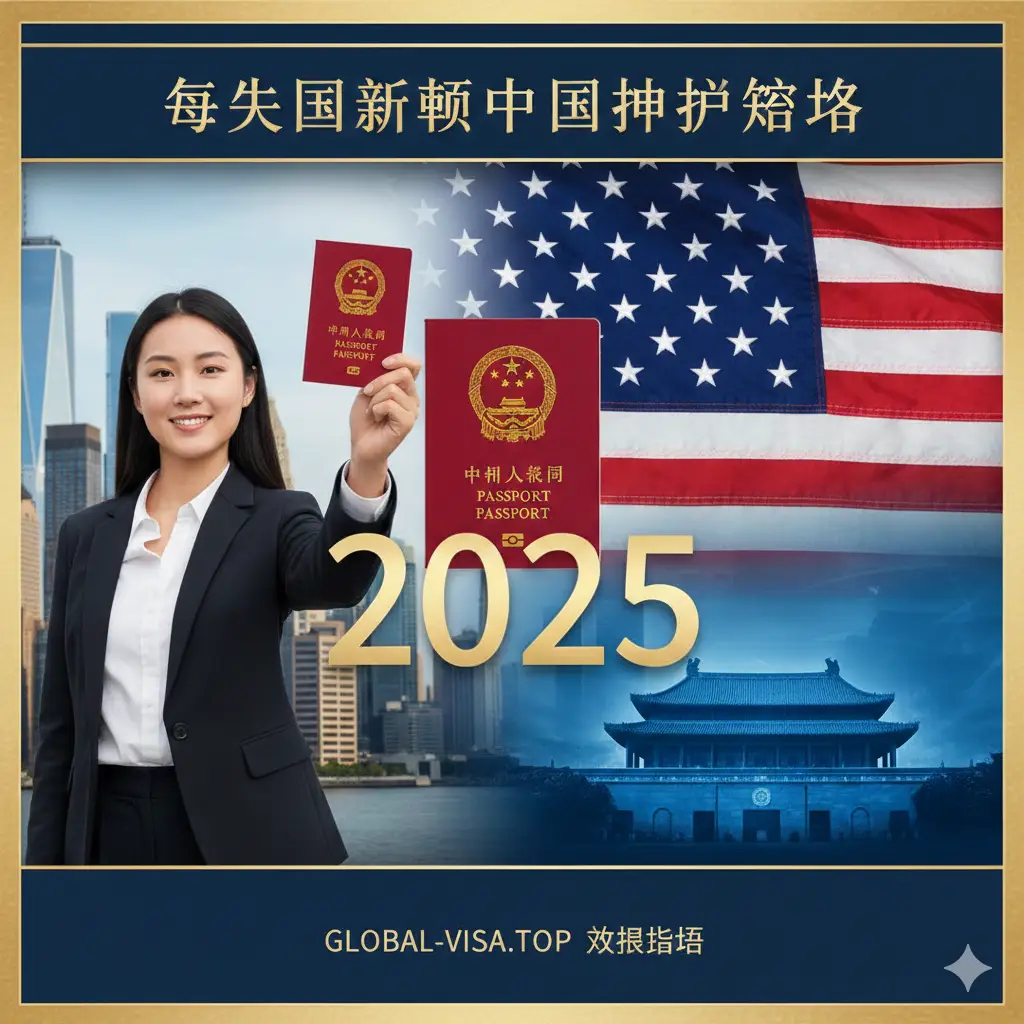 一张高质量的合成封面图。左侧近景是一位身处美国都市背景下的华人女性，手中拿着崭新的中国护照，神情轻松愉快；右侧背景融合了中国驻美大使馆建筑剪影和美国国旗元素。构图采用黄金分割比例，色调以中国红与科技蓝为主，点缀2025年份字样，体现‘在美国更新中国护照2025’的攻略主题，风格专业、权威且温馨。