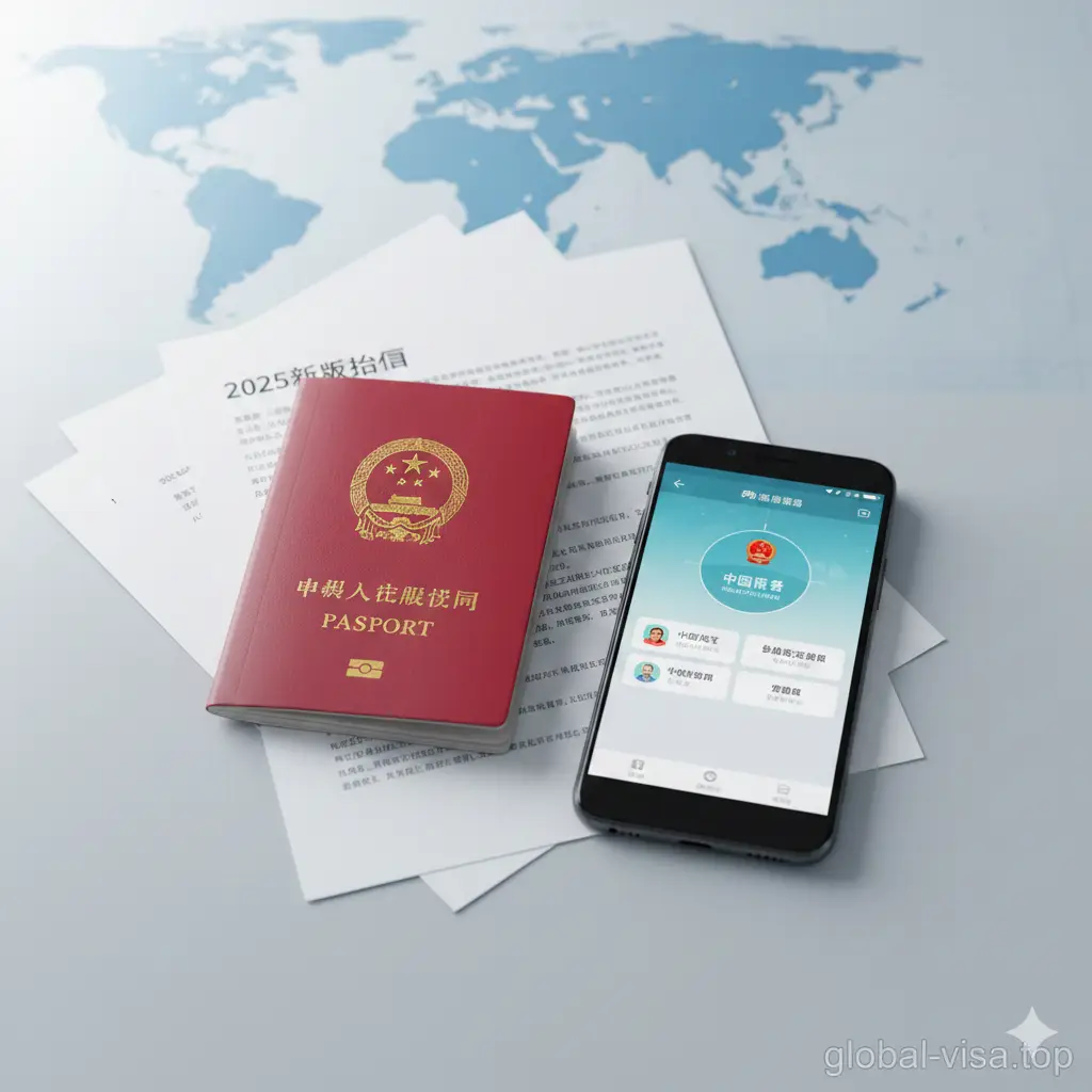 一张高质量、专业感十足的封面图。画面中心是一本红色的中国护照，放置在干净明亮的现代办公桌面上，旁边散落着一部显示‘中国领事’APP界面的智能手机。背景是模糊的全球地图纹理，采用浅蓝色和白色的清爽色调。构图采用俯视视角，光影柔和，传达出海外华人足不出户即可办理业务的便捷感，文字元素隐约可见‘2025新版指南’。