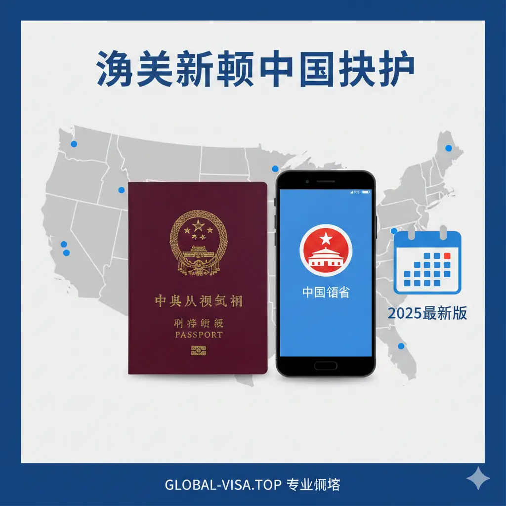 一张极简且专业的扁平化风格封面图。画面中心是一本深红色的中国护照，放置在一张风格化的浅灰色美国地图背景上。护照旁边是一部智能手机，屏幕清晰显示着'中国领事'APP的图标，象征着线上办理的新模式。画面右侧有醒目的2025日历元素，突出'最新版'的时效性。整体色调为商务蓝与中国红的搭配，光线柔和明亮，营造出权威、可信赖的视觉氛围，适合作为Global Visa站点的专业攻略封面。