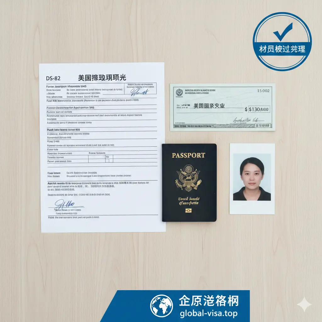 A flat-lay summary image showing a complete application package: a signed renewal form, an old US passport, a check for the application fee, and a compliant passport photo. A 'Complete Checklist' seal is digitally rendered in the corner. The background is a light wood texture, providing a warm and successful conclusion to the process. The image is bright and organized, conveying a sense of relief and readiness for international travel. Each element is clearly separated to serve as a visual final checklist for the reader.