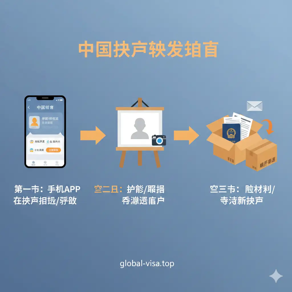 一张表现流程教程的示意图。采用扁平化插画风格或实景合成,展示护照换发的关键步骤:从手机端APP填表、拍摄标准证件照、到邮寄快递包裹。画面中包含清晰的逻辑箭头指向,引导视觉流动。背景色调统一,采用冷蓝色与暖橙色的对比,使步骤指示一目了然,帮助用户快速理解中国护照换发的复杂流程。