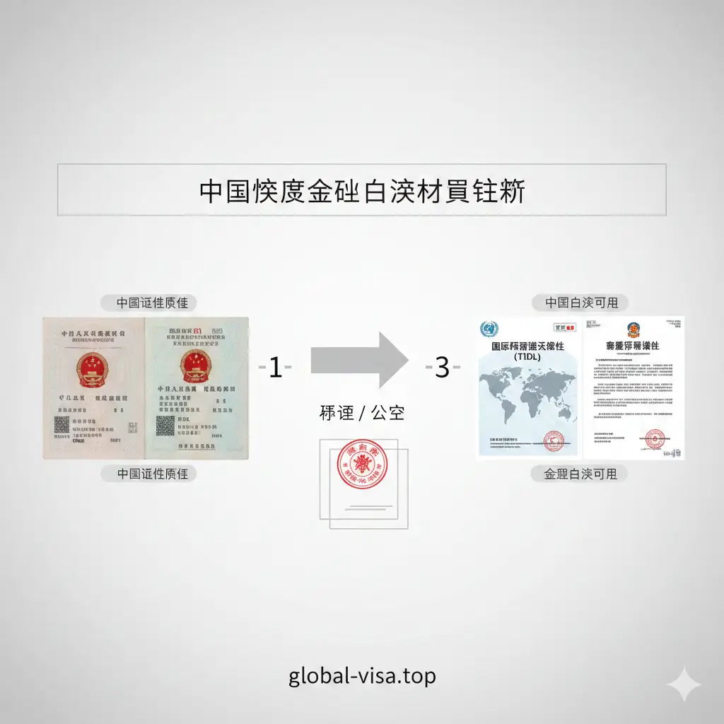 一张清晰的教程步骤指示图。画面左侧展示了一本中国驾照，中间是一个带有‘翻译/公证’箭头的过渡，右侧是翻译认证件（TIDL）和宣誓翻译件的样式。背景采用浅灰色渐变，配以简洁的1-2-3步骤序号，构图采用横向对比逻辑，帮助用户直观理解如何将国内驾照转化为全球可用的自驾证件资料清单。