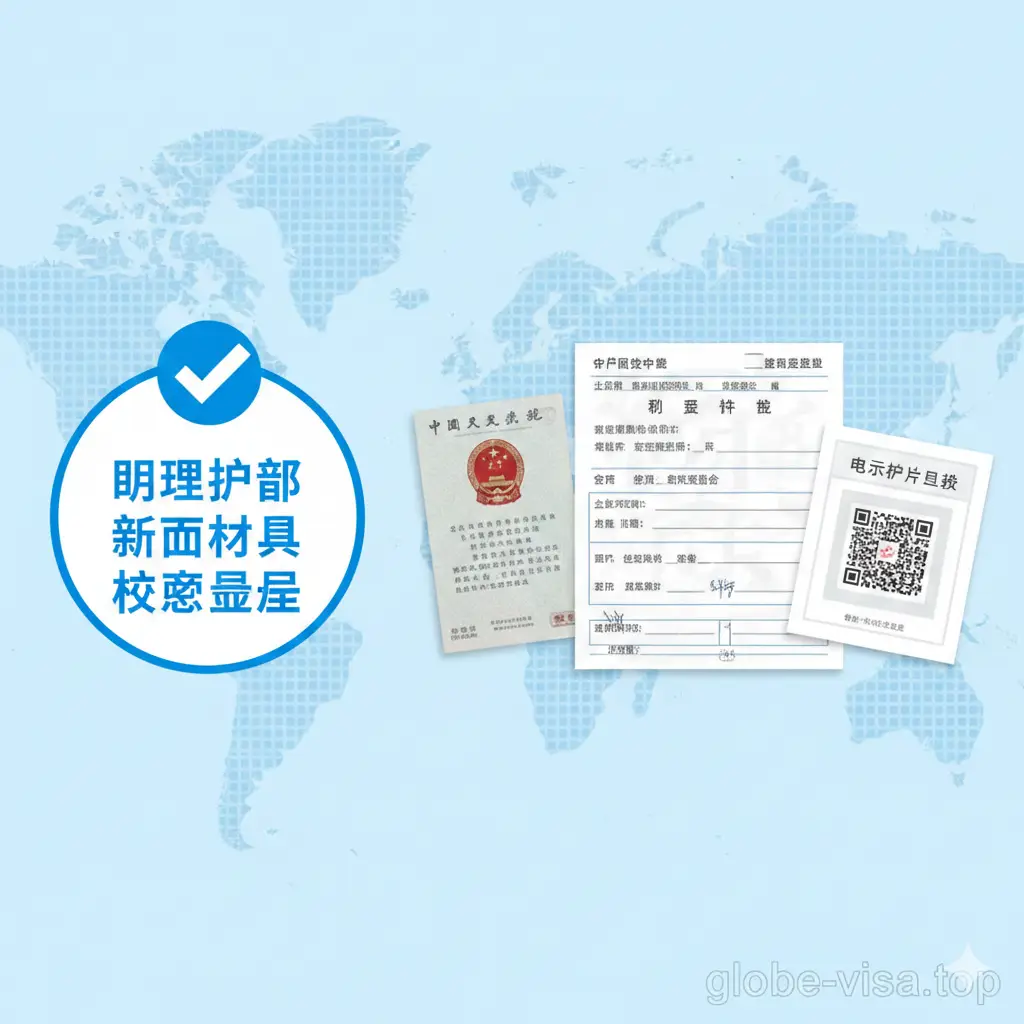 一张展示核心材料的功能示意图。图片左侧是一个清晰的核查清单图标，右侧通过拟物化风格呈现身份证原件、申请表单和电子相片回执。背景使用了全球地图的淡蓝色线条纹理，体现Global-visa.top的国际化视野。色彩明快，利用亮蓝色强调‘核心必备’的概念，构图平衡，让用户一眼看清办理护照所需的核心材料。