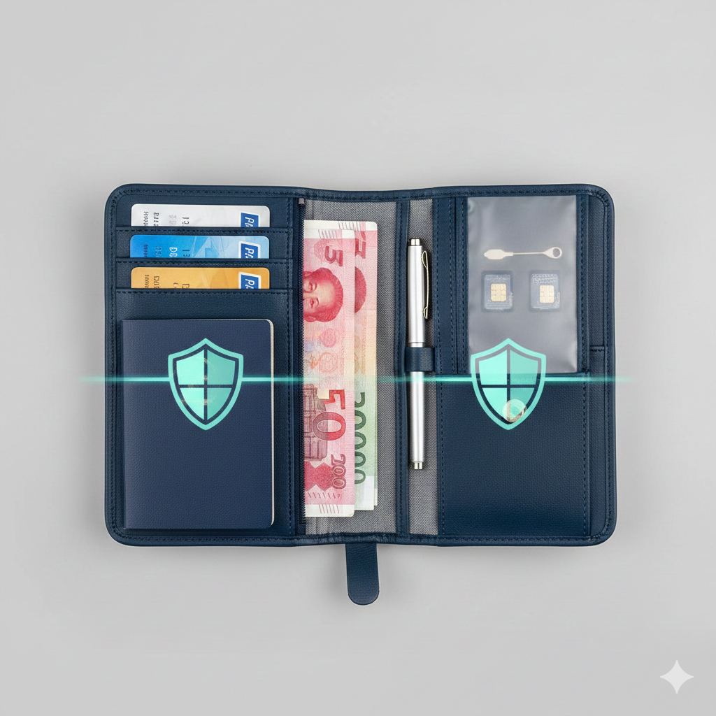 一张清晰的俯拍平铺图，展示一个展开的多功能旅行证件包的内部结构。包内井井有条地收纳了护照、多国货币、几张信用卡、一支笔和SIM卡取卡针。画面中运用微妙的全息盾牌光效叠加在卡位区域，可视化地表达RFID防盗刷屏蔽功能。背景为干净的浅灰色，光线均匀明亮，强调收纳的高效性与安全性。