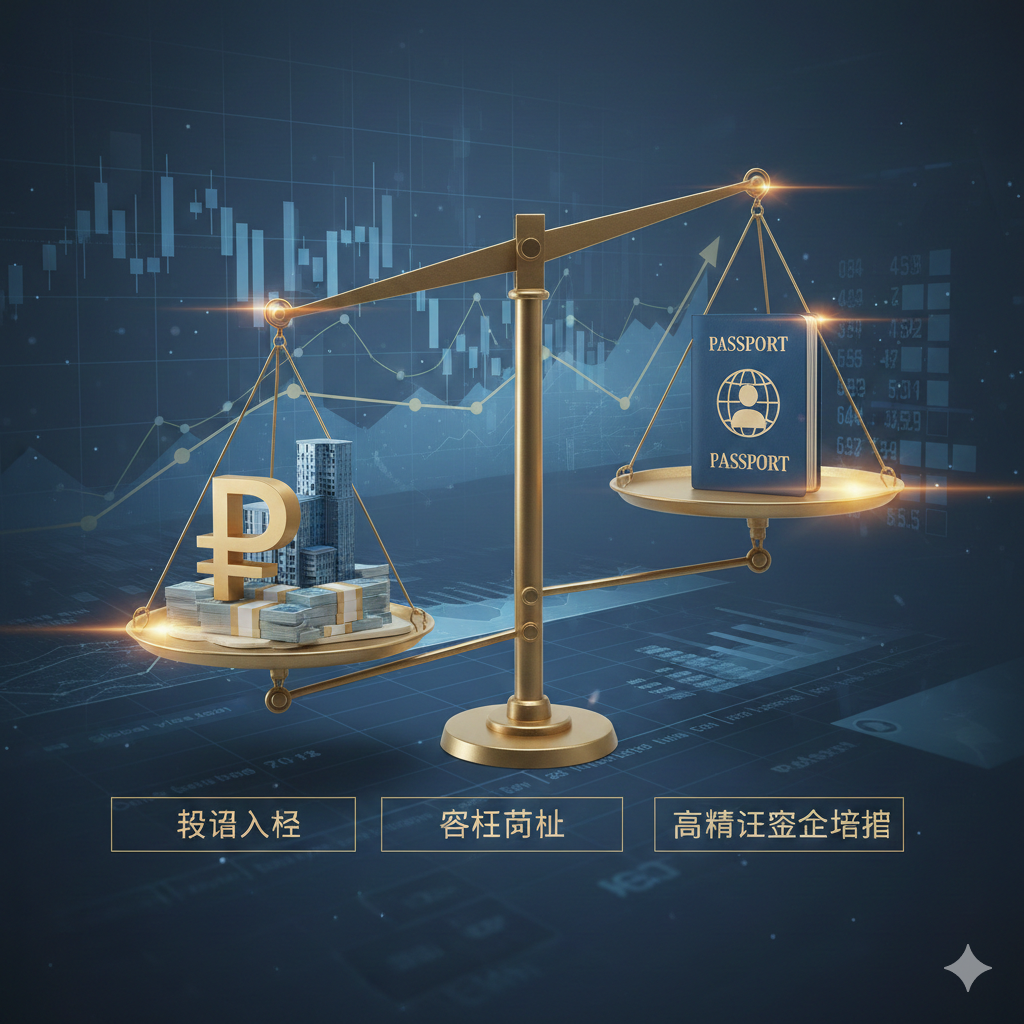 展示俄罗斯投资移民路径与费用的概念图。画面中心是一个天平或货币堆叠的视觉元素，一边是俄罗斯卢布符号与房地产模型，另一边是代表身份的护照图标，寓意等价交换与投资价值。背景采用现代化的数据图表和金融线条，配色采用专业的商务蓝与金属灰，辅以金色的高光点缀，直观地传达出‘投资入籍’、‘资金门槛’以及‘高净值资产配置’的商业属性。