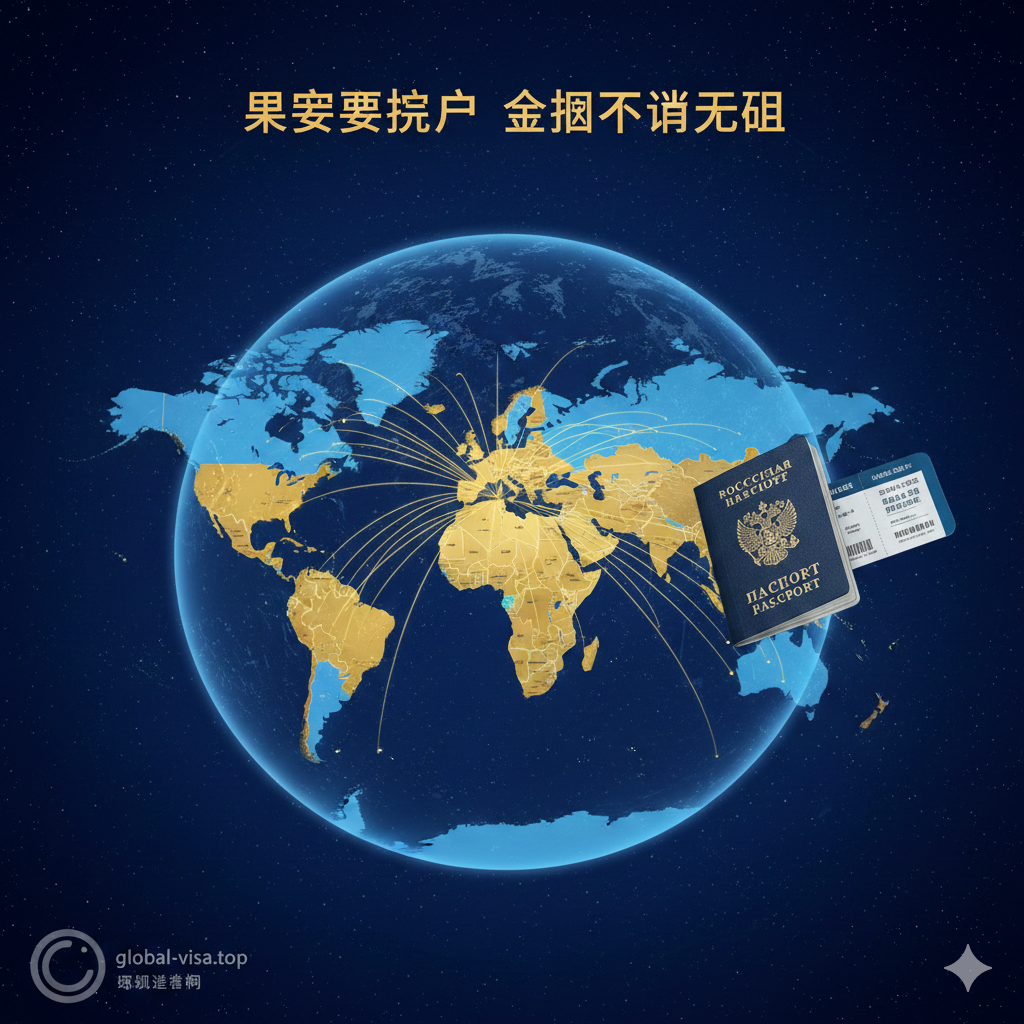 一张展示俄罗斯护照全球通行优势的世界地图。地图背景为深蓝色，高亮显示出俄罗斯护照免签的国家和地区（如南美洲、独联体国家等），并用金色的连接线从莫斯科辐射至全球主要目的地。画面右侧悬浮着一本打开的俄罗斯护照和一张登机牌，象征着自由通行。整体设计具有科技感和空间感，突出‘全球流动性’和‘免签优势’的核心卖点。