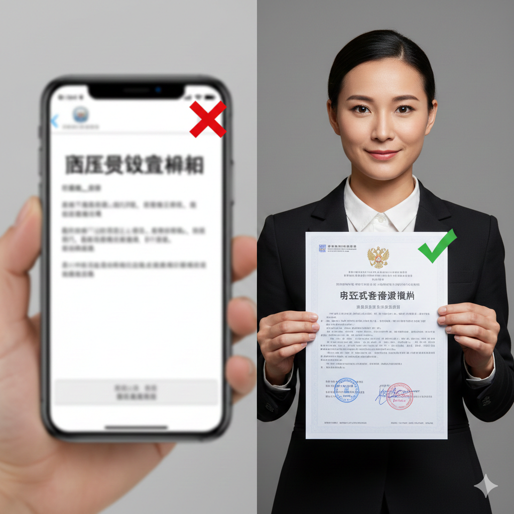 一张突出服务优势的对比概念图。画面左侧是一个模糊的手机屏幕显示着普通的酒店预订确认单(Booking confirmation),上面打了一个红色的叉号;画面右侧清晰聚焦于一张正式的俄罗斯内务部认证的邀请函(LOI),上面有一个绿色的对勾。背景是一位专业的签证顾问手持这份正式文件,面带微笑,传递出信任感和通过率高的暗示。构图强调'官方认证'与'普通预订'的区别,解决用户关于邀请函的痛点。