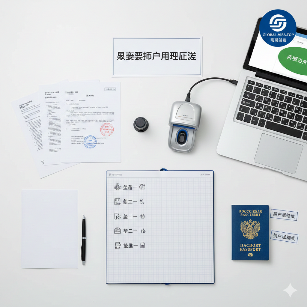 描绘俄罗斯护照办理流程的教程风格图片。画面采用俯视角度拍摄一张整洁的白色办公桌，桌面上有序排列着申请表格、公证文件、印章、生物识别指纹扫描仪以及一本打开的记事本，上面标记着‘Step 1, Step 2’的流程节点。光线明亮自然，风格简约严谨，通过清晰的视觉引导，让复杂的法律程序显得条理分明、易于操作，增强用户对代办服务的信心。