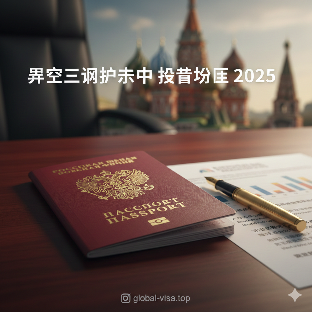 一张极具质感的文章封面图，特写展示一本深红色的俄罗斯联邦护照放置在抛光的深色红木办公桌上。护照旁的金色国徽在柔和的暖光下闪耀，背景虚化处理，隐约可见莫斯科克里姆林宫或圣瓦西里大教堂的经典剪影，象征着国家权威与文化底蕴。画面中还点缀着一只精致的签字笔和一份高端商务文件，整体色调以红、金、深褐为主，营造出高端、正式且充满机遇的投资移民氛围。