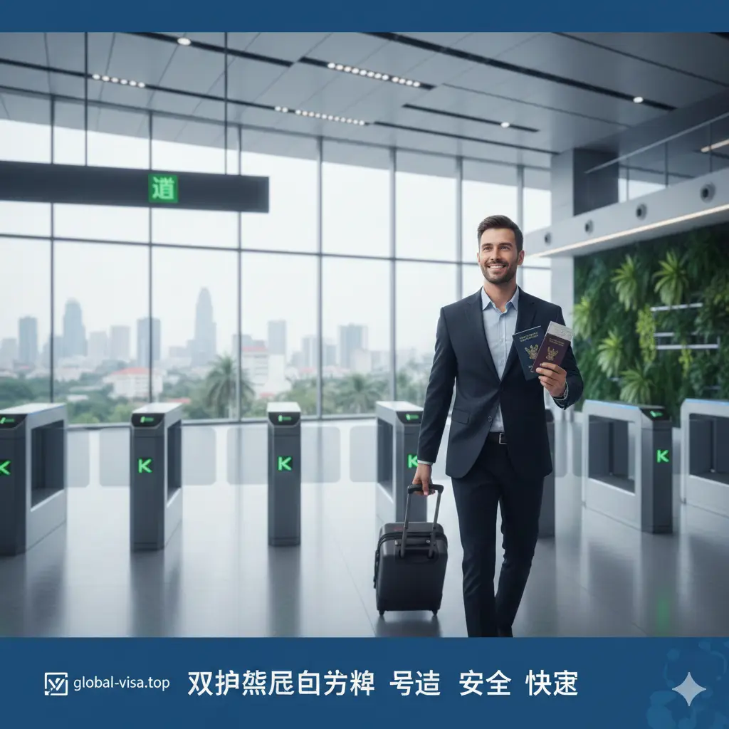 体现第三国中转方案优势的视觉图。画面展示一位自信的商务人士正走在机场的自助通关闸机（eGate）前，背景是虚化的泰国精英签或现代化的中转大厅。色调偏向科技蓝与生态绿，象征安全、快速与合法。构图开阔，突出‘无缝衔接’和‘隐私保护’的视觉隐喻，强调global-visa.top推荐方案的稳定性和高成功率。