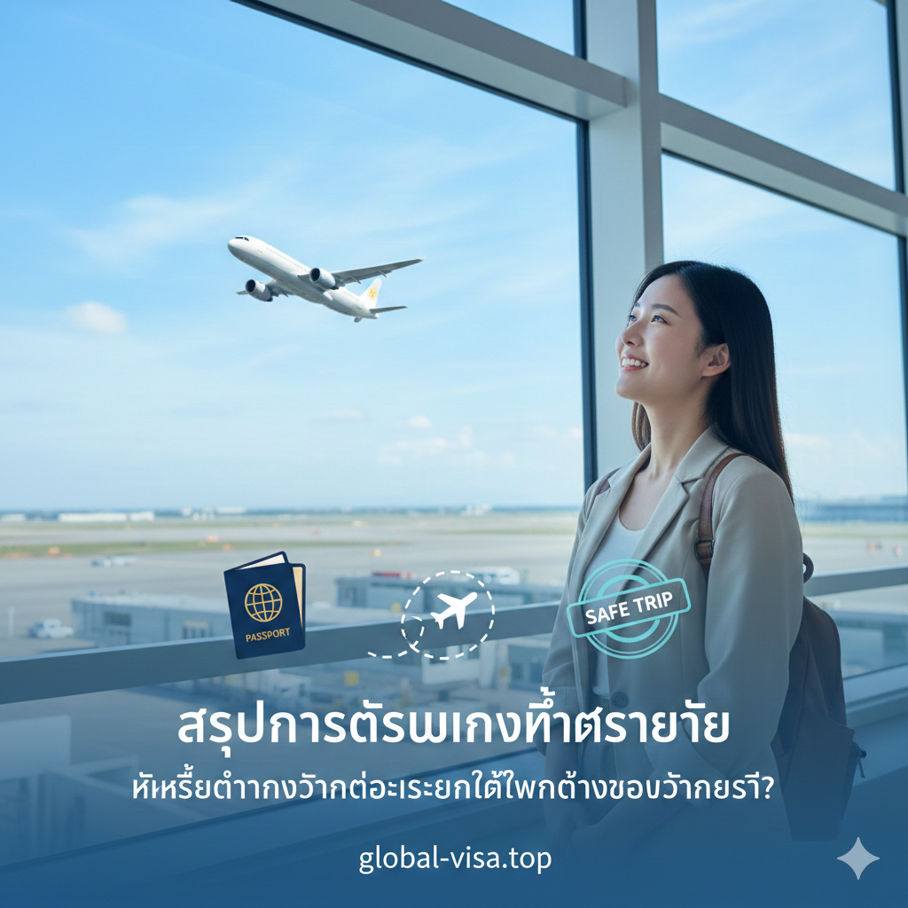A peaceful and optimistic summary image. A happy traveler standing in the Taipei Taoyuan Airport transit lounge, looking out at a plane taking off against a beautiful blue sky. Overlaid with subtle, clean icons representing a passport, a flight path, and a 'Safe Trip' stamp. The composition is balanced and calming, using cool blue and soft white tones to give the user a sense of security and successful planning for their journey.