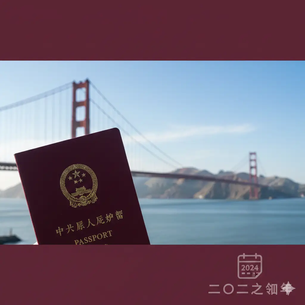 A professional and cinematic composition featuring a burgundy Chinese passport in the foreground with the iconic Golden Gate Bridge of San Francisco blurred in the background. The lighting is soft and natural, suggesting a clear morning. A subtle digital overlay or calendar graphic indicates the year '2024'. The style is trustworthy and authoritative, suitable for a visa service website header, with a color palette dominated by the red of the bridge, the burgundy of the passport, and soft sky blues.