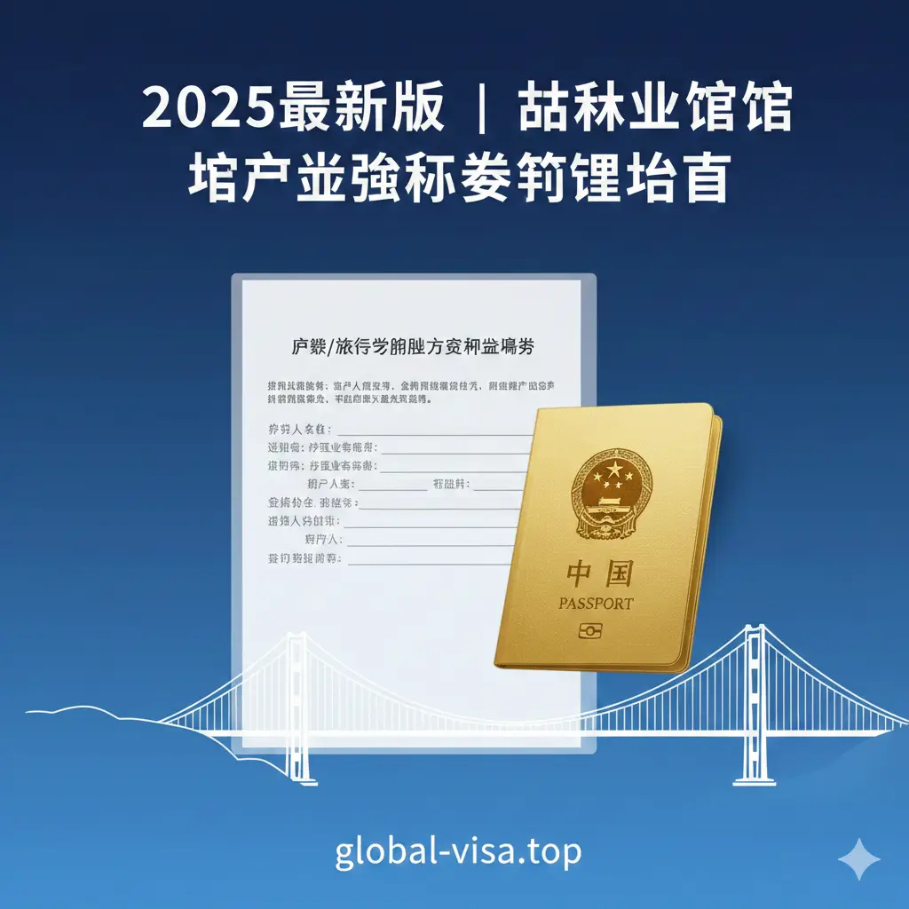 一张专业且极具权威感的封面图，背景采用代表外交与行政的深蓝色渐变色调。画面中央展示一份清晰的'护照/旅行证办理方式确认声明书'文档预览图，旁边配有中国护照的3D渲染图标和旧金山金门大桥的极简线条轮廓，以此点明领区。醒目的金色或白色大字标题写着'2025最新版｜旧金山领馆护照声明书填写指南'，整体设计风格简洁、大气，符合global-visa.top的专业签证服务形象。