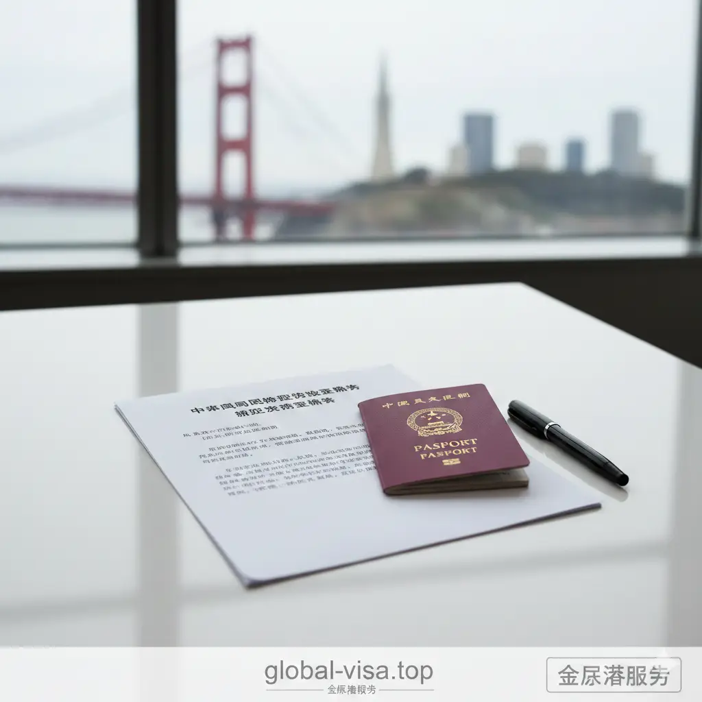 一张专业且具有指引性的封面图片。画面中心清晰展示一份打印好的《护照办理方式确认声明书》文件，标题文字清晰可见。文件旁放置着一本深红色的中国电子护照和一支黑色签字笔，象征正式的官方流程。背景通过窗户模糊透视出旧金山的标志性建筑（如金门大桥或泛美金字塔）轮廓，以点明旧金山领区的地域性。