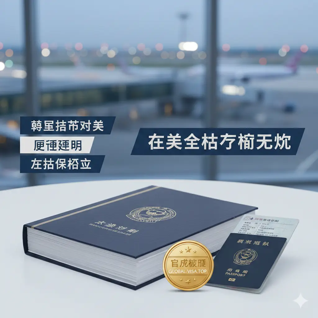 一张传达信任感与专业法律保障的图片。画面展示一张整洁的办公桌，上面放着专业法律文件和一枚代表官方核准的印章，背景是虚化的美国机场航站楼。色彩以浅灰色和淡蓝色为主，旨在表现‘Satisfactory Departure’这一政策在紧急情况下为韩国护照持有者提供的合法保障优势。