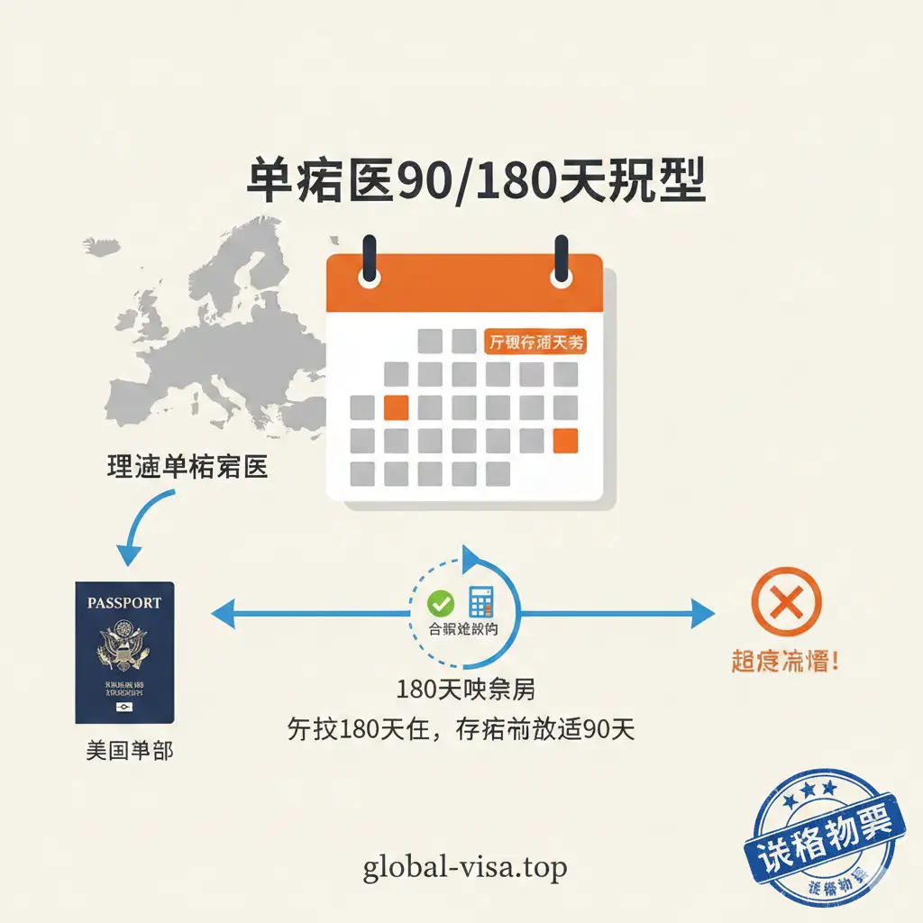一张扁平化风格的教育性信息图（Infographic），专门图解'90/180天规则'。画面中央是一个简化的日历图形，高亮显示连续的90天区块。下方是一个水平时间轴，演示'滚动计算'的概念，用绿色箭头表示合规期，红色警示图标表示违规超期。配合计算器图标和印章元素，背景为干净的米白色或浅灰色，重点使用橙色和蓝色进行视觉引导，确保用户一眼看懂复杂的停留时间计算方法。